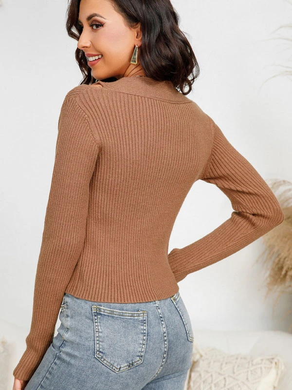 Pullovers For Women Coffee Brown V-Neck Long Sleeves Stretch Polyester Sweaters - Image 2