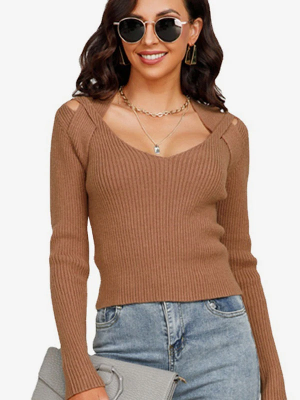 Pullovers For Women Coffee Brown V-Neck Long Sleeves Stretch Polyester Sweaters - Image 3