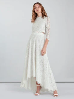 Ivory Two-piece Wedding Dress Lace Jewel Neck A-Line Tea-Length 3/4 Length Sleeves Bridal Dress
