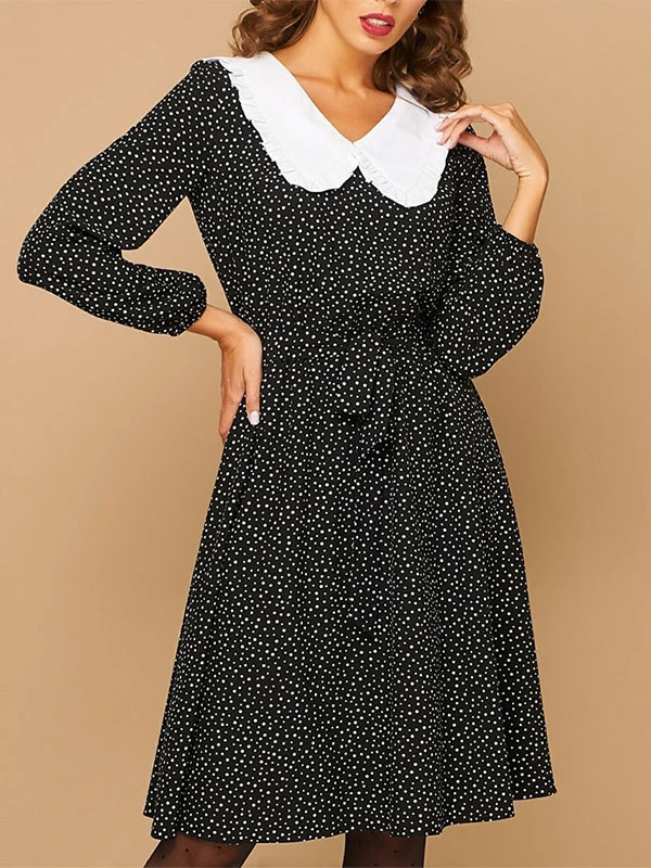 Retro Dress 1950s Audrey Hepburn Style Peter Pan Collar Long Sleeves Knee Length Polka Dot Swing Dress - Image 6