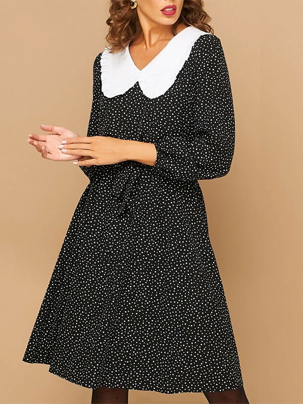 Retro Dress 1950s Audrey Hepburn Style Peter Pan Collar Long Sleeves Knee Length Polka Dot Swing Dress - Image 5