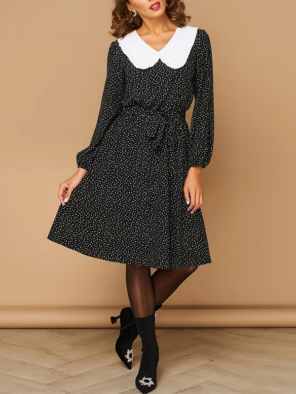 Retro Dress 1950s Audrey Hepburn Style Peter Pan Collar Long Sleeves Knee Length Polka Dot Swing Dress - Image 4