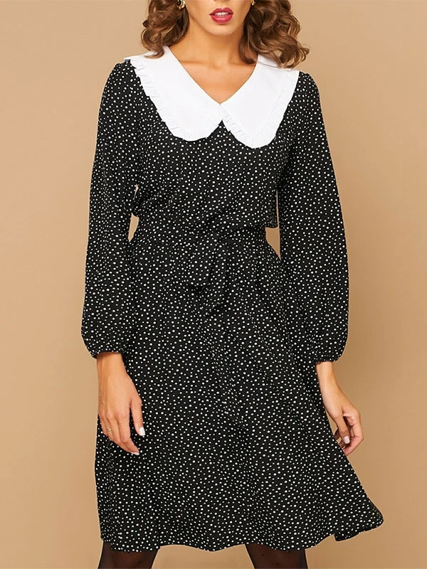 Retro Dress 1950s Audrey Hepburn Style Peter Pan Collar Long Sleeves Knee Length Polka Dot Swing Dress - Image 3