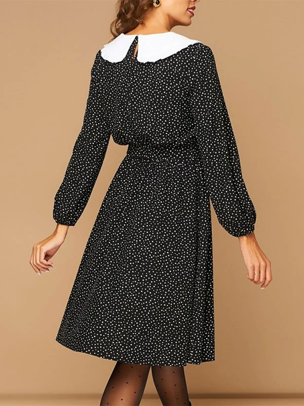 Retro Dress 1950s Audrey Hepburn Style Peter Pan Collar Long Sleeves Knee Length Polka Dot Swing Dress - Image 2