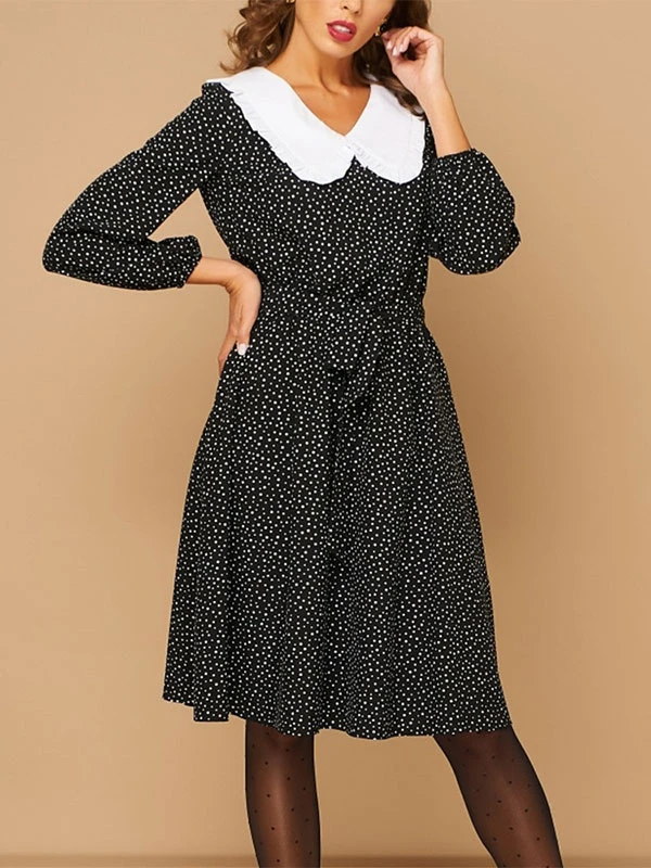 Retro Dress 1950s Audrey Hepburn Style Peter Pan Collar Long Sleeves Knee Length Polka Dot Swing Dress