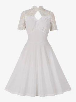 Retro Dress 1950s Audrey Hepburn Style White Floral Print Lace Short Sleeves Stand Collar Rockabilly Dress