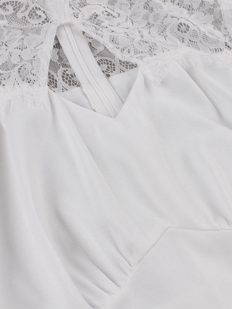 Retro Dress 1950s Audrey Hepburn Style White Floral Print Lace Short Sleeves Stand Collar Rockabilly Dress - Image 9