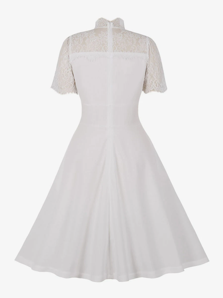 Retro Dress 1950s Audrey Hepburn Style White Floral Print Lace Short Sleeves Stand Collar Rockabilly Dress - Image 2