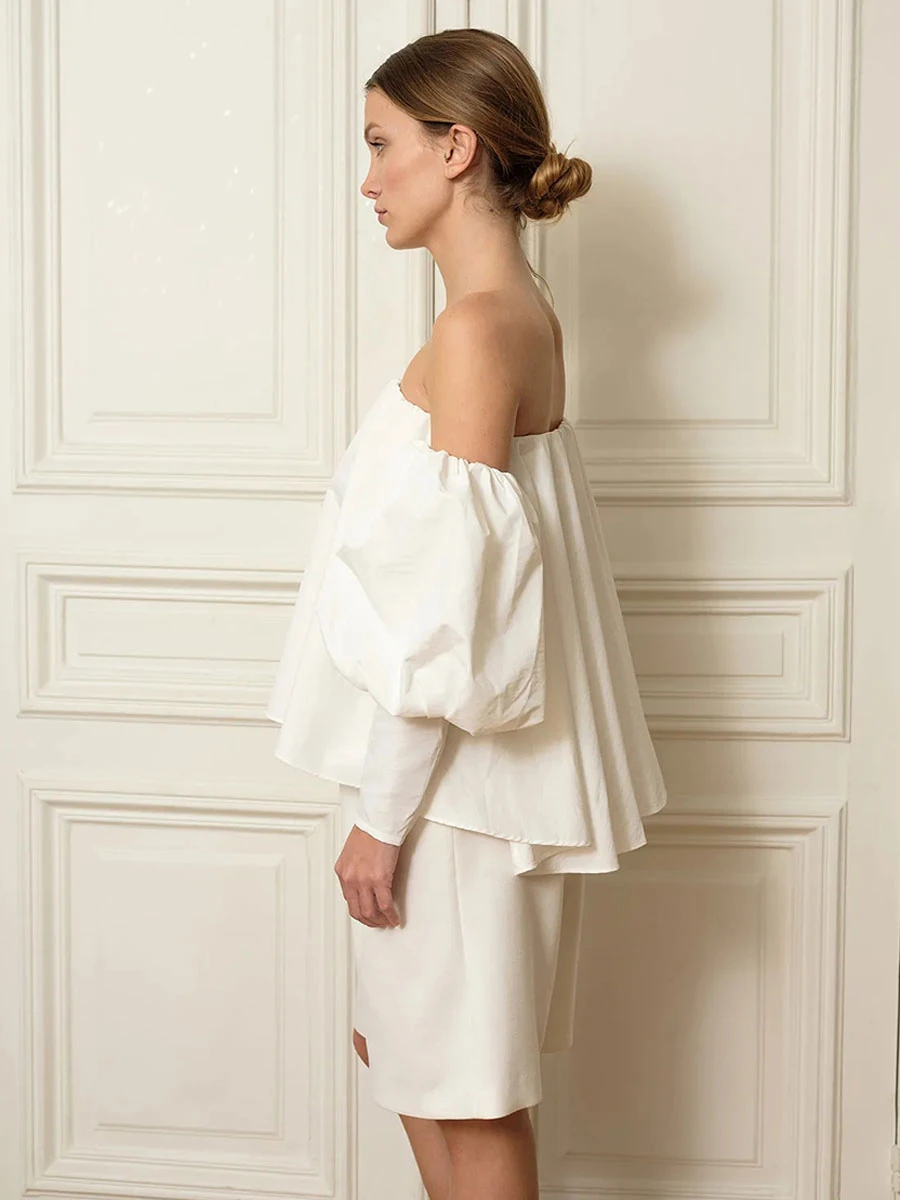 Ivory Two-piece Wedding Dress Stretch Crepe Strapless A-Line Knee-Length Backless Long Sleeves Two Piece Sets - Image 3