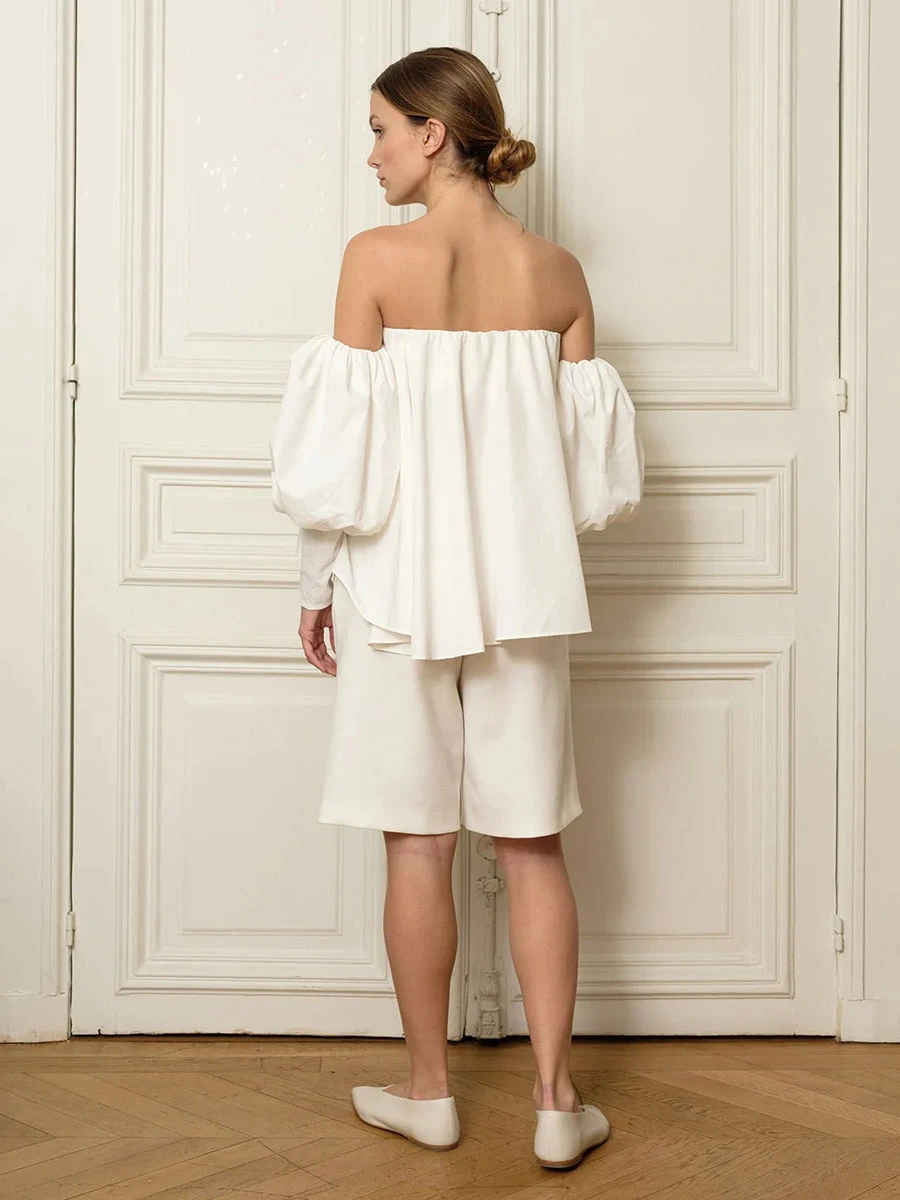 Ivory Two-piece Wedding Dress Stretch Crepe Strapless A-Line Knee-Length Backless Long Sleeves Two Piece Sets - Image 2