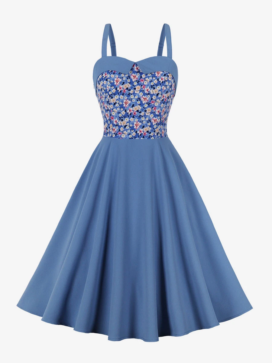 Retro Dress 1950s Audrey Hepburn Style Sweetheart Neck Sleeveless Knee Length Floral Print Rockabilly Dress