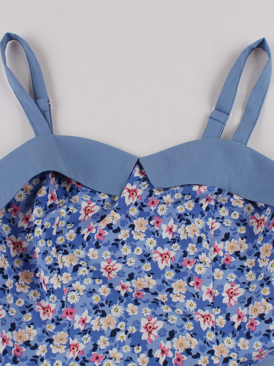 Retro Dress 1950s Audrey Hepburn Style Sweetheart Neck Sleeveless Knee Length Floral Print Rockabilly Dress - Image 3