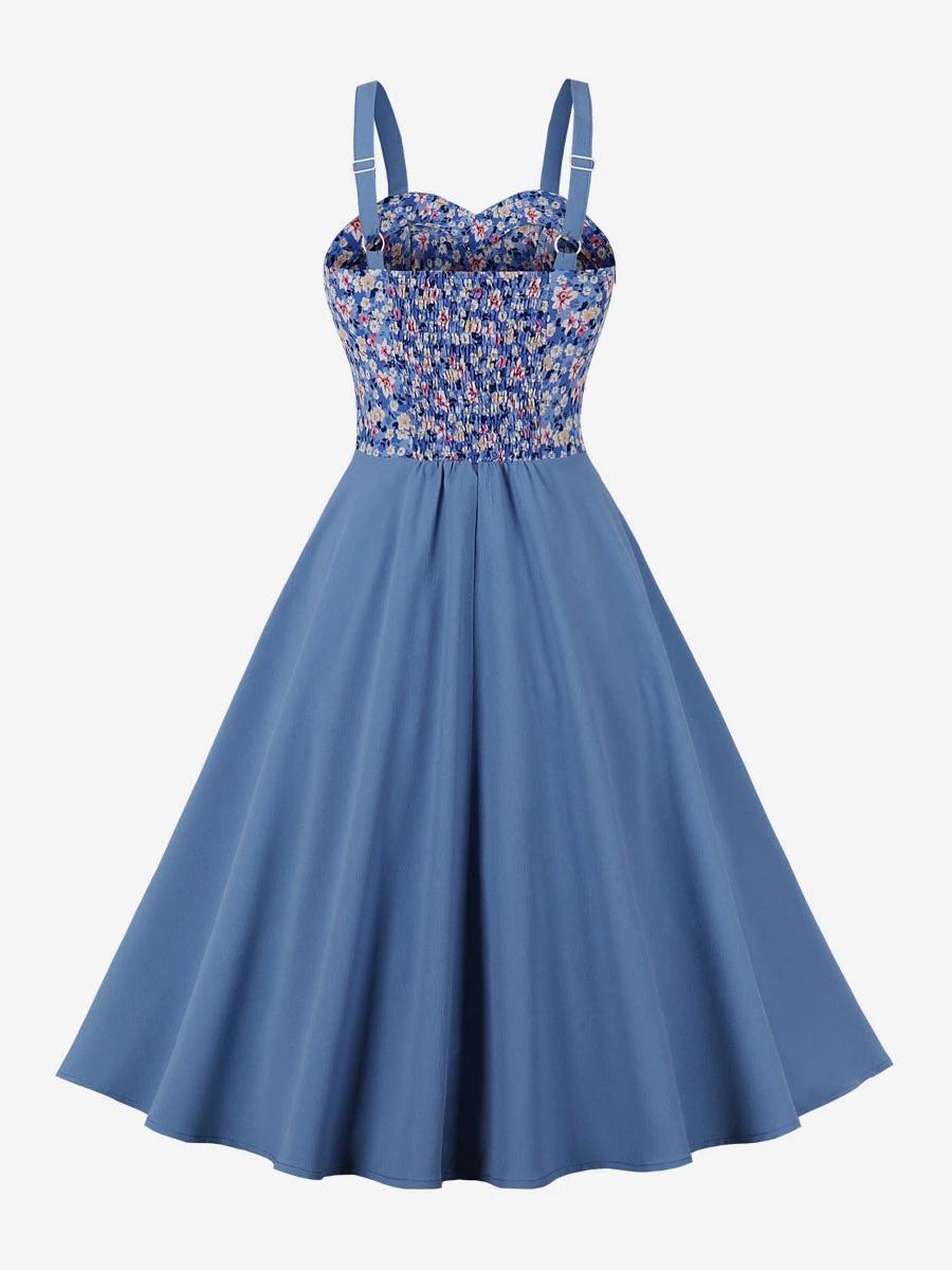 Retro Dress 1950s Audrey Hepburn Style Sweetheart Neck Sleeveless Knee Length Floral Print Rockabilly Dress - Image 2