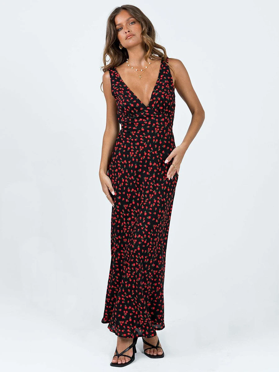 Summer Maxi Dresses Black V-Neck Floral Print Beach Dress - Image 4