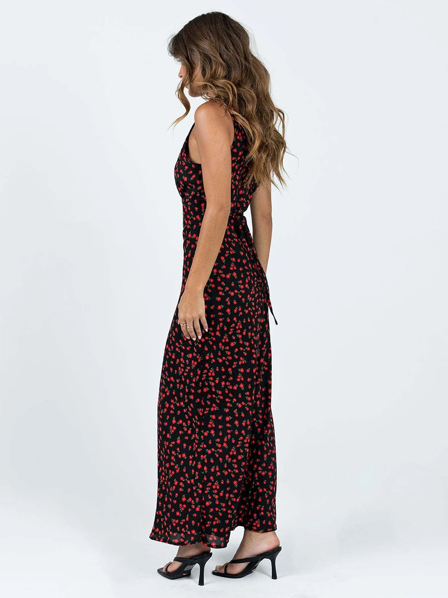 Summer Maxi Dresses Black V-Neck Floral Print Beach Dress - Image 3