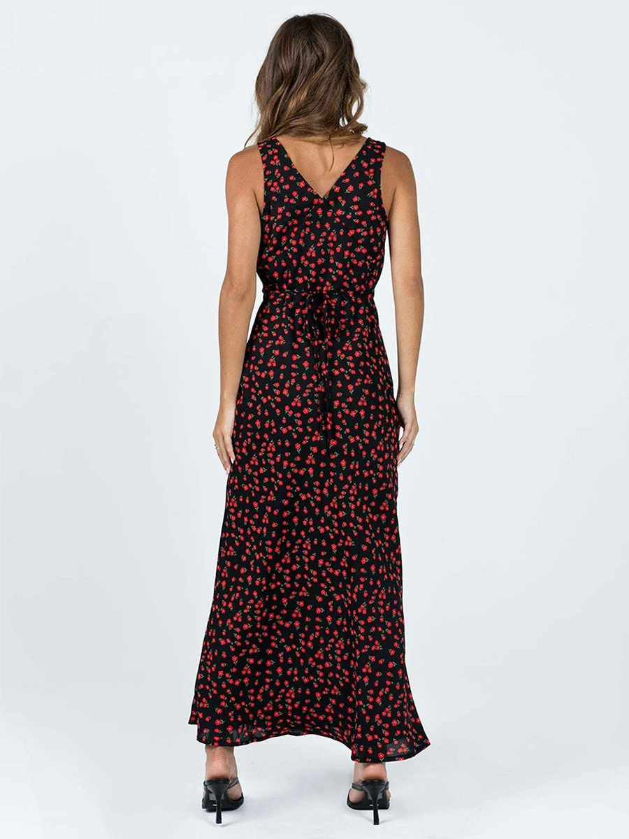 Summer Maxi Dresses Black V-Neck Floral Print Beach Dress - Image 2