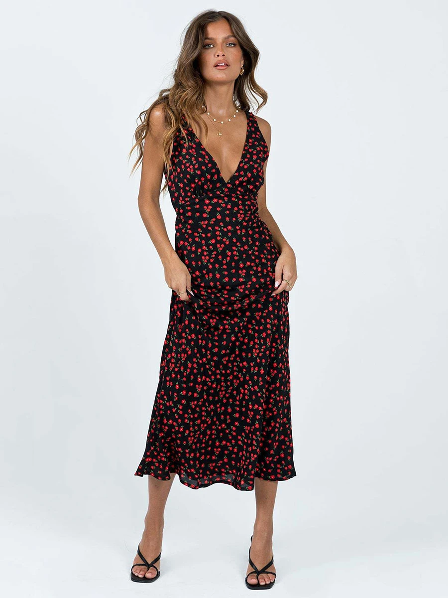 Summer Maxi Dresses Black V-Neck Floral Print Beach Dress
