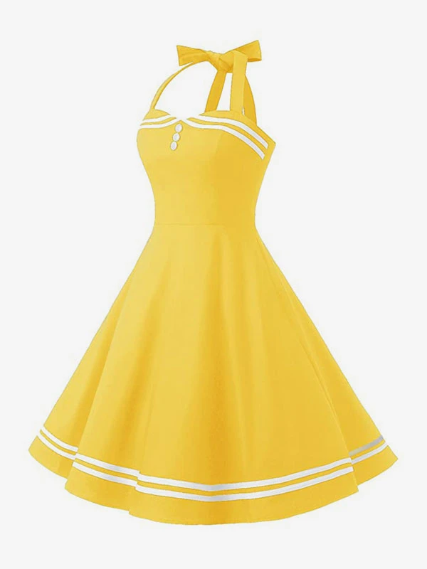 Retro Dress 1950s Audrey Hepburn Style Yellow Plaid Backless Buttons Sleeveless Sweetheart Neck Medium Rockabilly Dress - Image 6