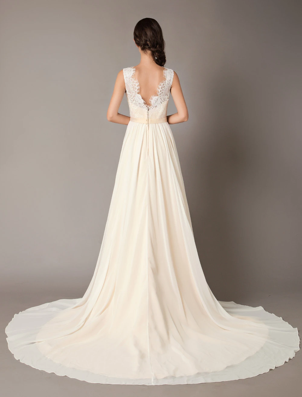 Champagne Wedding Dresses Beach Lace Chiffon V Neck Bridal Dress Free Customization - Image 6