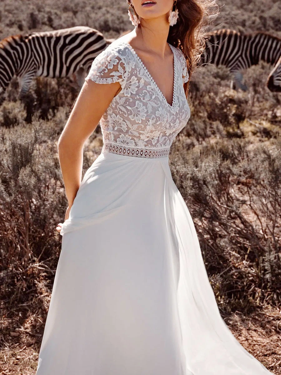 Ivory Boho Wedding Dress Lace A-Line With Train Backless Short Sleeves V-Neck Bridal Dresses Free Customization - Image 2
