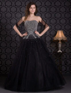 Black Wedding Dress Fully Beaded Strapless Tulle Floor-Length Ball Gown
