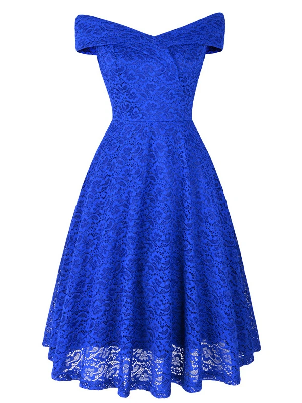 Lace Dresses Dark Navy V-Neck Sleeveless Open Shoulder Lace Hollow Out Retro Wrap Dresses - Image 8