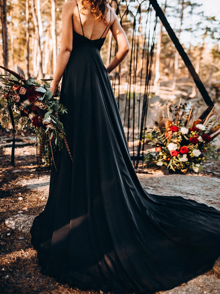 Gothic Black Wedding Dresses A-Line Stripes Neck Sleeveless With Train Bridal Gown Free Customization - Image 4