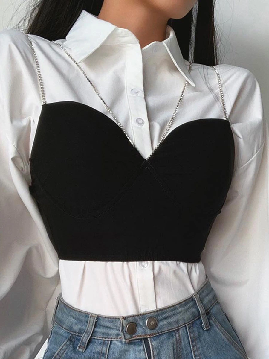 Women Sexy Tops Straps Neck Crop Top Sleeveless Chain Black Metal Details Top - Image 3