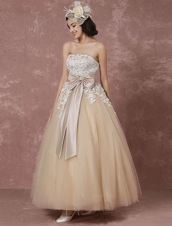 Lace Wedding Dress Tulle Champagne Bridal Gown With Shrug Cape Ball Gown Strapless Sweetheart Ribbon Bow Sash Ankle Length Bridal Dress Milanoo - Image 6