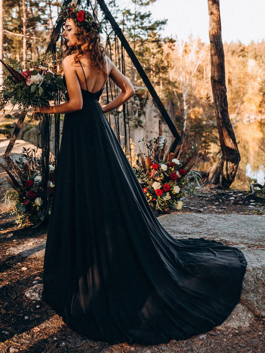 Gothic Black Wedding Dresses A-Line Stripes Neck Sleeveless With Train Bridal Gown Free Customization - Image 5