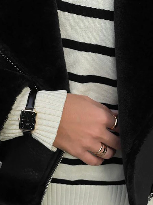 Women Pullover Sweater Burgundy Stripes Turndown Collar Long Sleeves Sweaters - Image 10