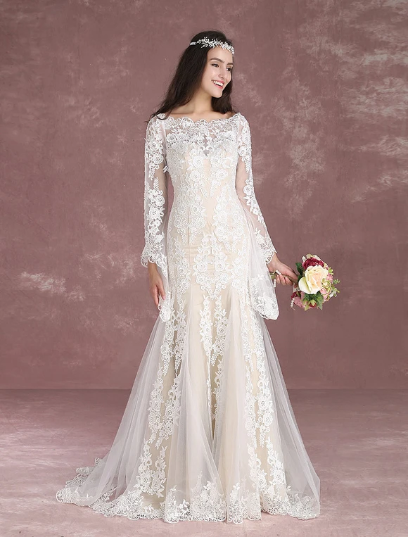 Summer Wedding Dresses 2023 Boho Beach Mermaid Bridal Dress Lace Applique Keyhole Bateau Fishtail Champagne Bridal Gown With Train Milanoo - Image 4