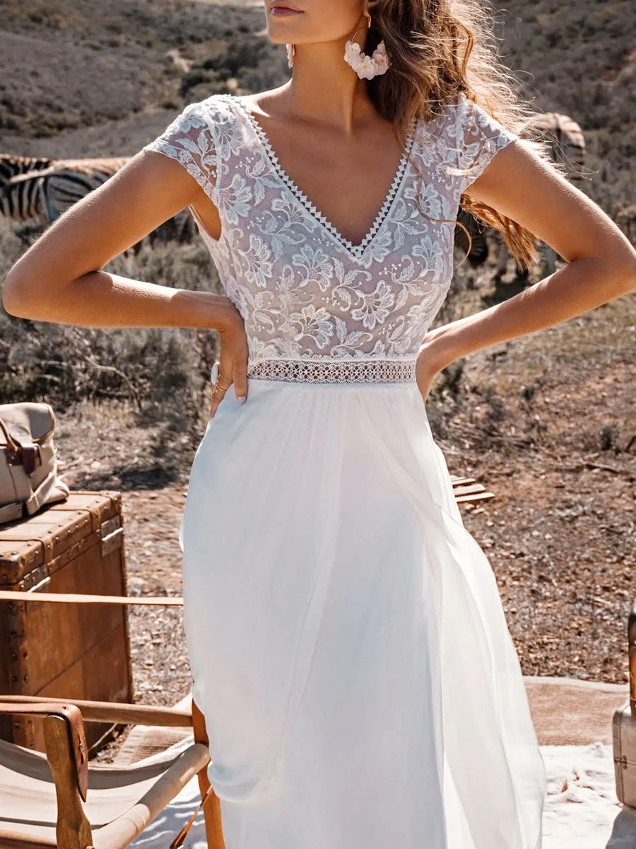 Ivory Boho Wedding Dress Lace A-Line With Train Backless Short Sleeves V-Neck Bridal Dresses Free Customization