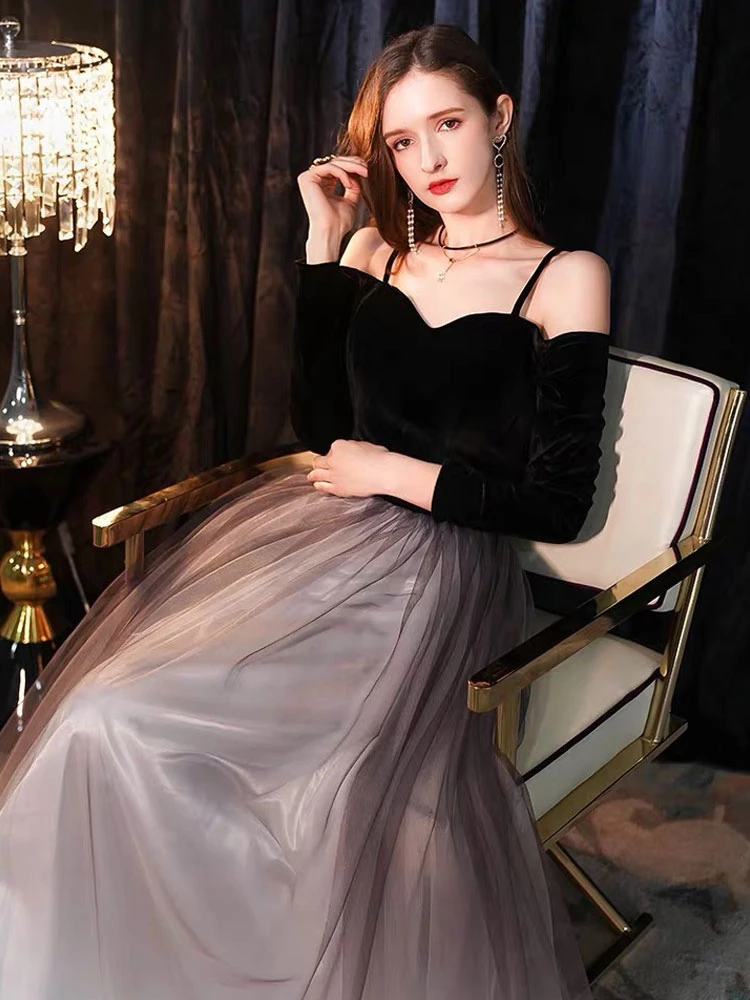 Prom Dresses Long Off The Shoulder Maxi Tulle Velvet Patchwork Formal Gowns - Image 4