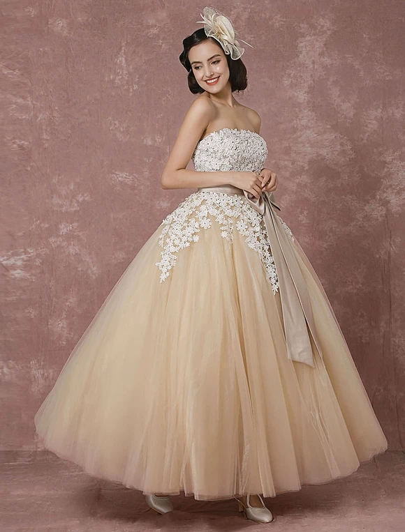 Lace Wedding Dress Tulle Champagne Bridal Gown With Shrug Cape Ball Gown Strapless Sweetheart Ribbon Bow Sash Ankle Length Bridal Dress Milanoo - Image 3