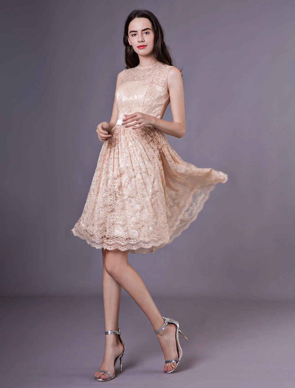 Short Prom Dress Lace Champagne Short Keyhole Cocktail Party Dress - Image 5