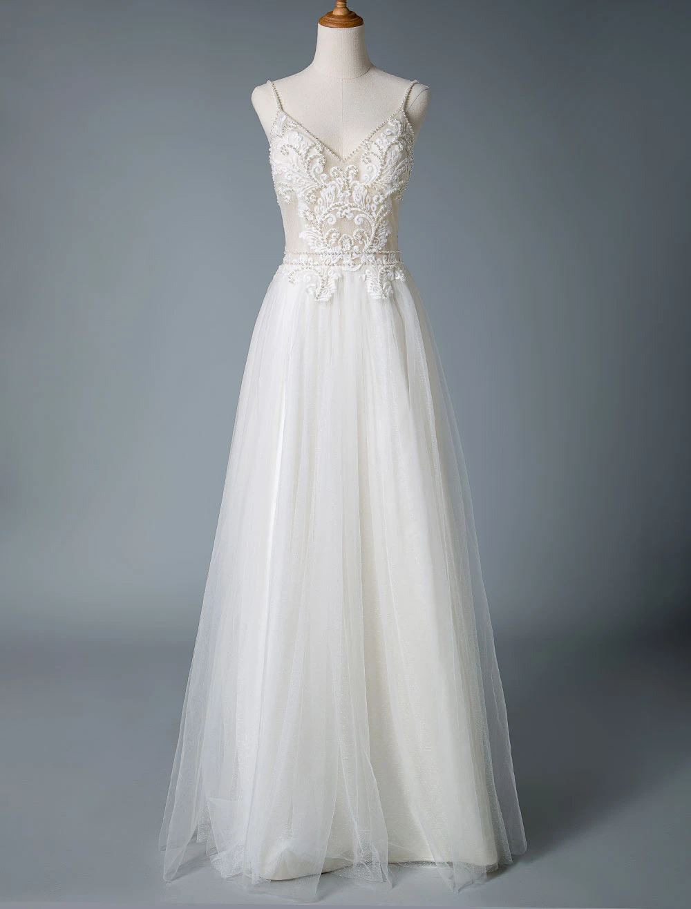 Wedding Dresses A Line V Neck Sleeveless Straps Beaded Floor Length Polka Dot Tulle Bridal Gowns - Image 4
