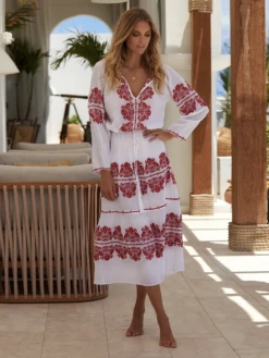 Boho Dress White Crewneck Long Sleeve Bohemian Gypsy Embroidered Vacation Spring Fall Long Beach Dress For Women