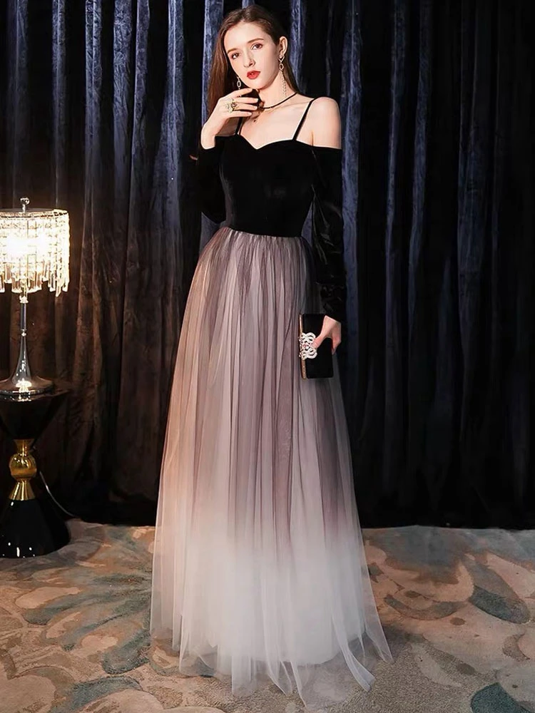 Prom Dresses Long Off The Shoulder Maxi Tulle Velvet Patchwork Formal Gowns
