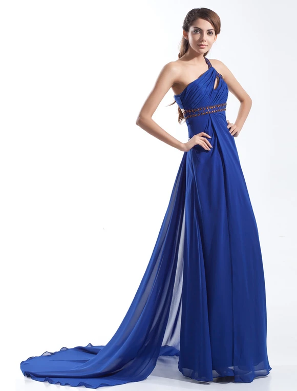 Graceful Royal Blue Chiffon Cut Out One-Shoulder Sexy Evening Dress - Image 2