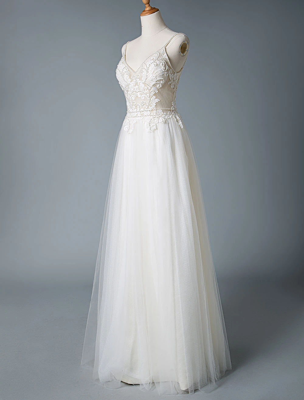Wedding Dresses A Line V Neck Sleeveless Straps Beaded Floor Length Polka Dot Tulle Bridal Gowns - Image 5