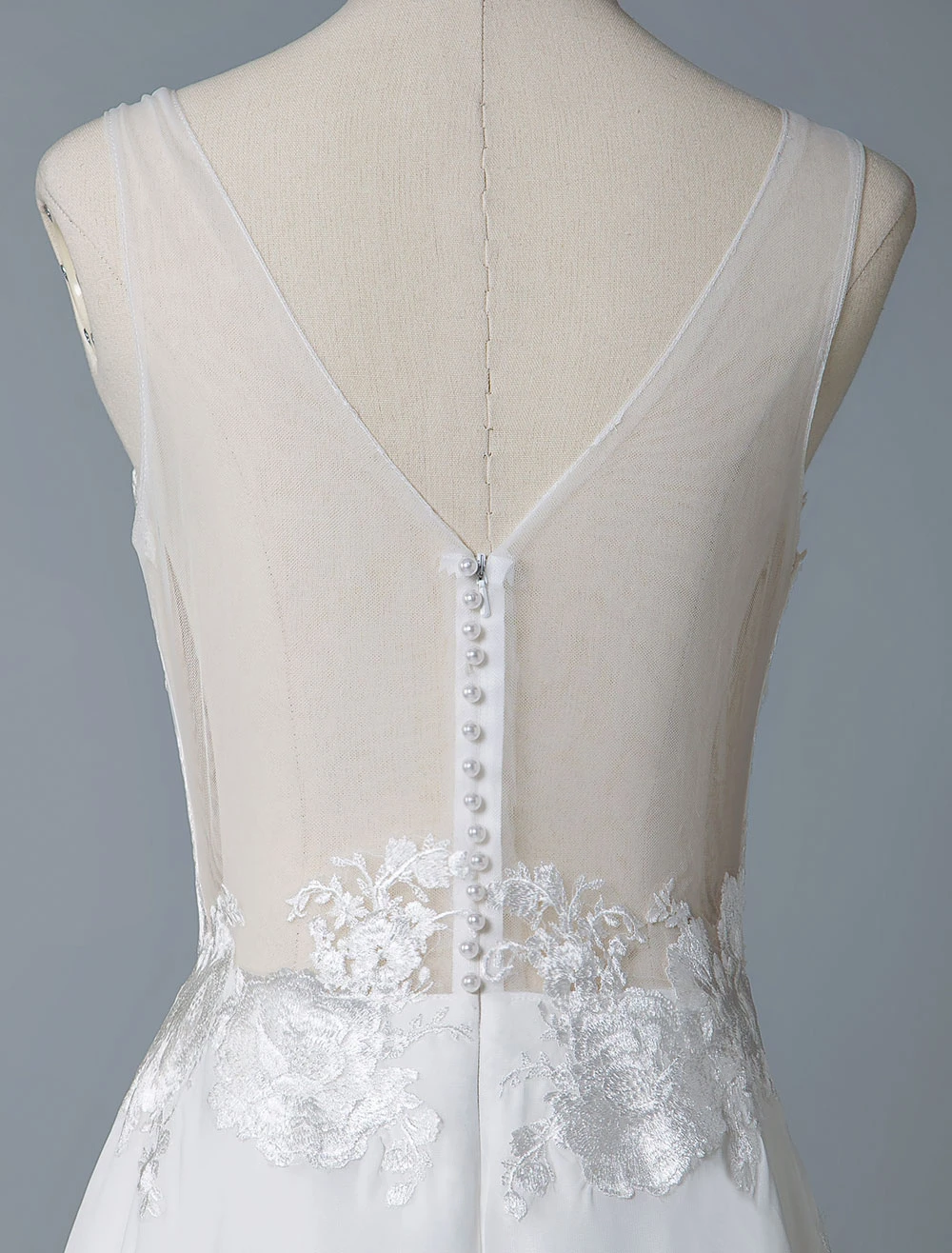 Simple Wedding Dress A Line V Neck Sleeveless Lace Illusion Back Bridal Gowns - Image 9