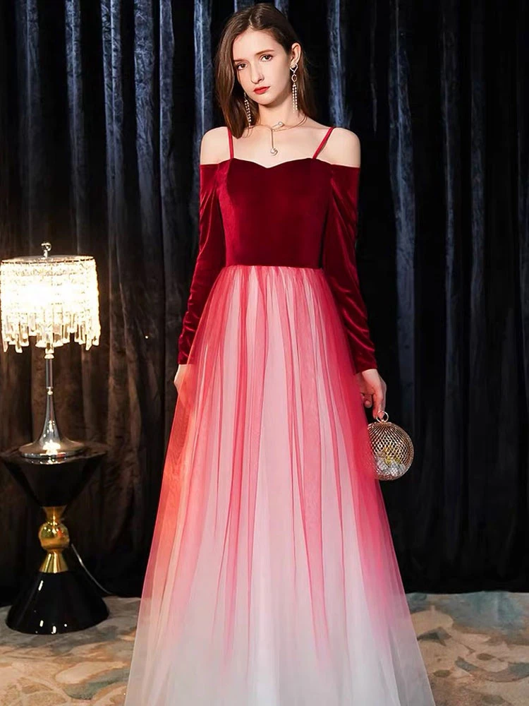 Prom Dresses Long Off The Shoulder Maxi Tulle Velvet Patchwork Formal Gowns - Image 7