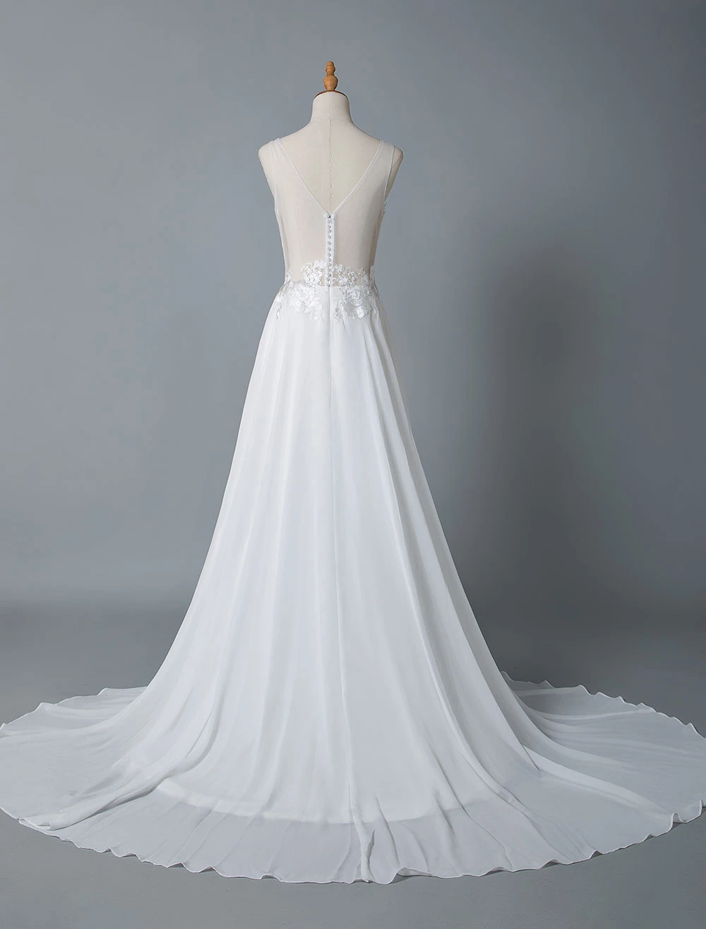 Simple Wedding Dress A Line V Neck Sleeveless Lace Illusion Back Bridal Gowns - Image 5