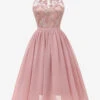 1950s Audrey Hepburn Style Retro Dress Pink Sleeveless Jewel Neck Lace Swing Dress