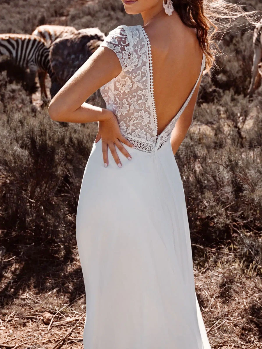 Ivory Boho Wedding Dress Lace A-Line With Train Backless Short Sleeves V-Neck Bridal Dresses Free Customization - Image 3