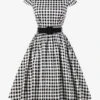 Black Vintage Dress Plaid Gingham Dress Short Sleeve Sash Retro Summer Midi Dress