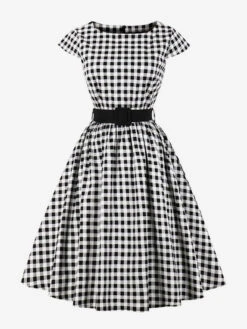 Black Vintage Dress Plaid Gingham Dress Short Sleeve Sash Retro Summer Midi Dress