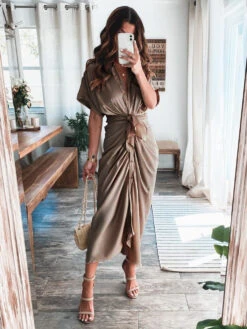 Maxi Dress Turndown Collar 3/4 Length Sleeves Casual Asymmetrical Long Dress