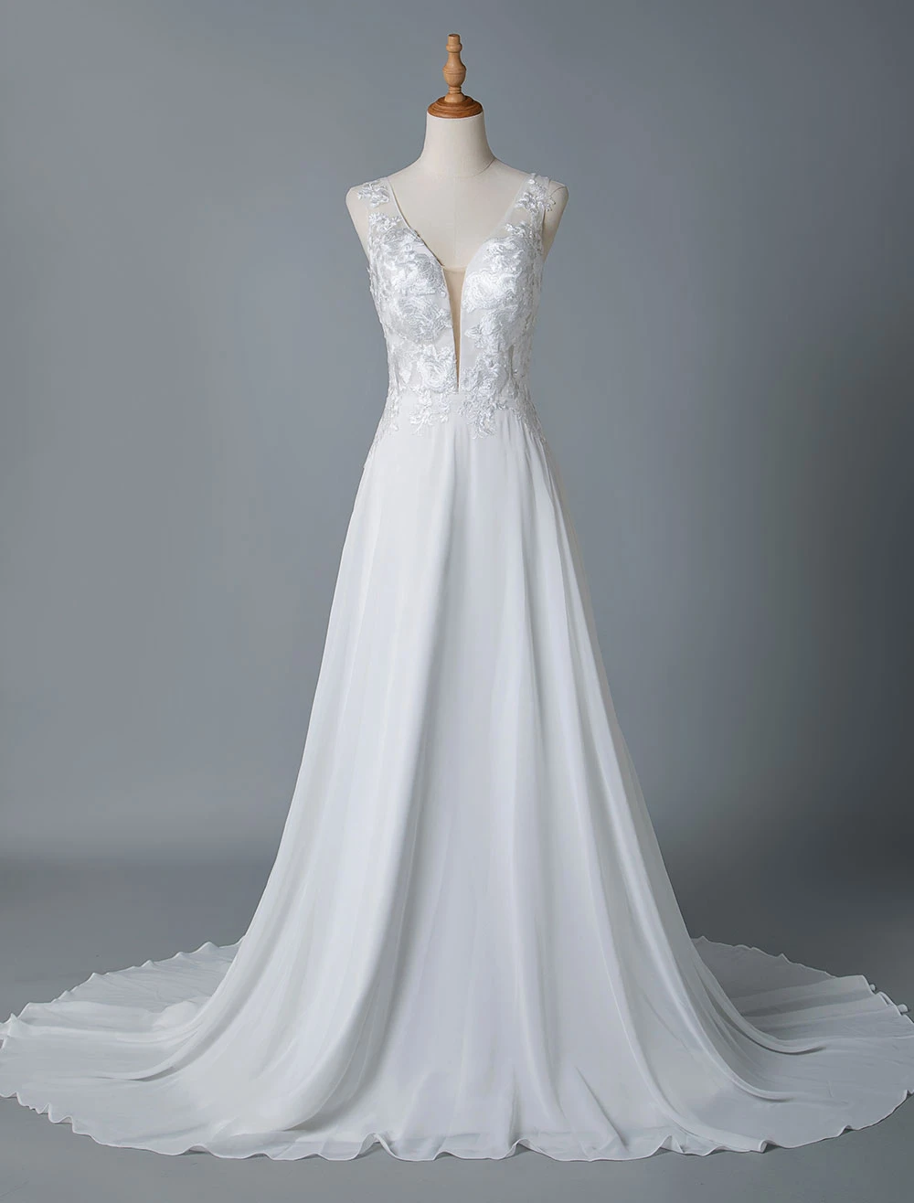 Simple Wedding Dress A Line V Neck Sleeveless Lace Illusion Back Bridal Gowns - Image 4